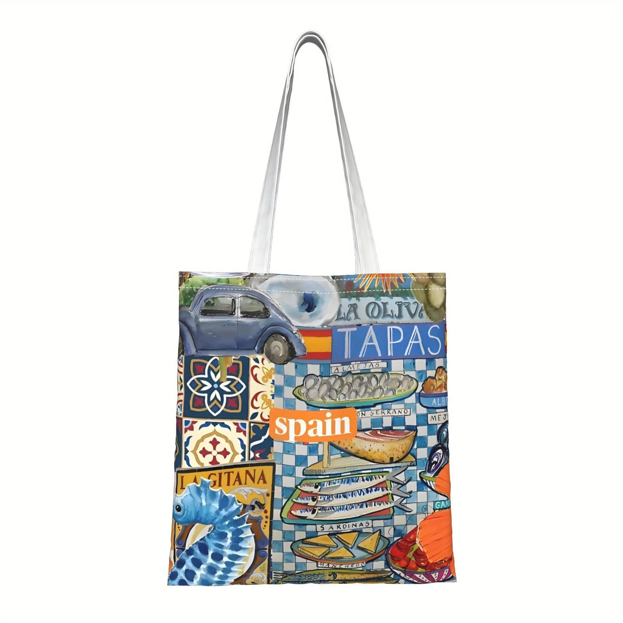 A Everyday life in Spain patterns print canvas tote bag, suitable for daily use, shopping, school, and travel