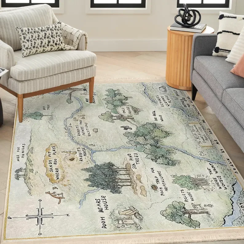 

Винтажный коврик с изображением Винни-Пуха и картой Hundred Acre Wood, нескользящий напольный коврик для детской комнаты, игровой комнаты, детского сада, эстетичный декор