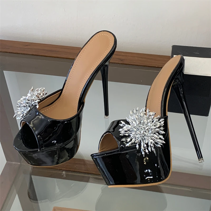 

Eilyken Large Size 35-46 Crystal Flower Peep Toe Platform Woman Slippers Summer Sexy Stiletto High Heels Pole Dance Shoes