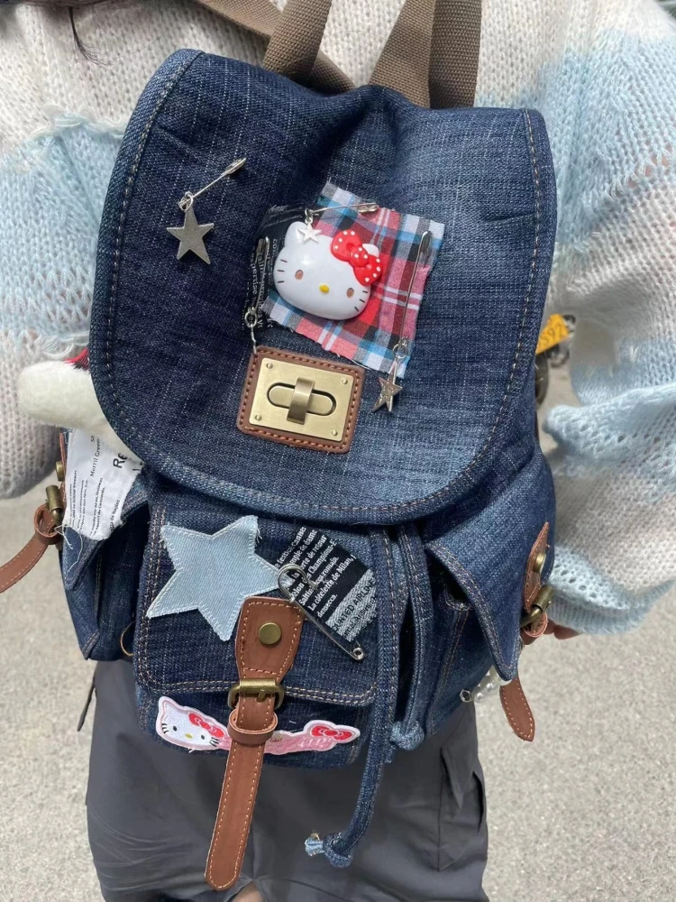 Kawaii Hello Kitty Y2K Backpacks Original Fashion Backpack Vintage Denim Collage Waste Soil Mochila Accesorios for Women Girls