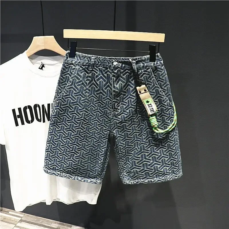 Man Denim Shorts Straight Hip Hop Short Jeans Pants For Men Xxxl Y2k Fashion Xl Buttons Original Blue With Vintage Korean