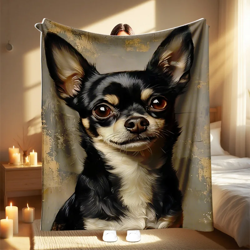 1pc cobertor com estampa de cachorro chihuahua – lance macio e quente para todas as estações com design de rosto chihuahua tipo jack russell terrier, preto