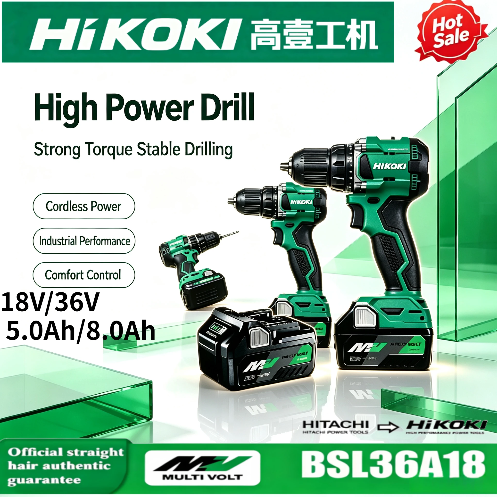 HiKOKI 18V/36V 5.0Ah Rechargeable MultiVolt Battery BSL36A18 BSL1850,Built‑in LED Power Indicator for Cordless Power Equipment