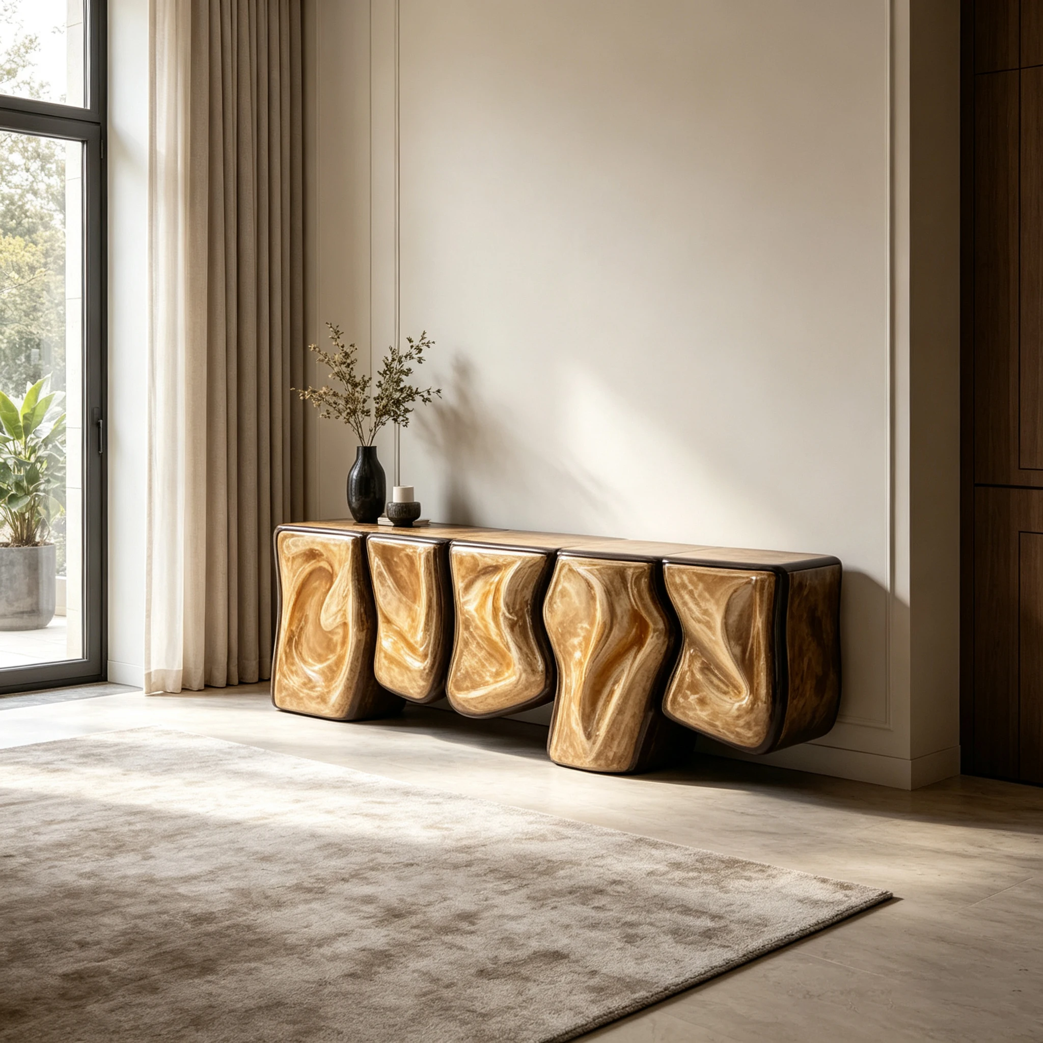 M*-Swirl Amber Marbled Fiberglass Sideboard 5 Connected Irregular Wavy Cube Storage Cabinet for Warm