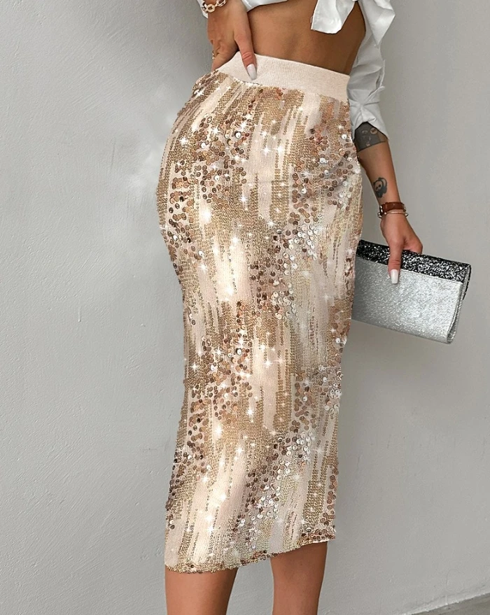 

Elegant Women's Half Skirt 2024 Fashion Women's Dress Version Sparkling Elastic Waist Side Split Casual High Waist Party Skirt