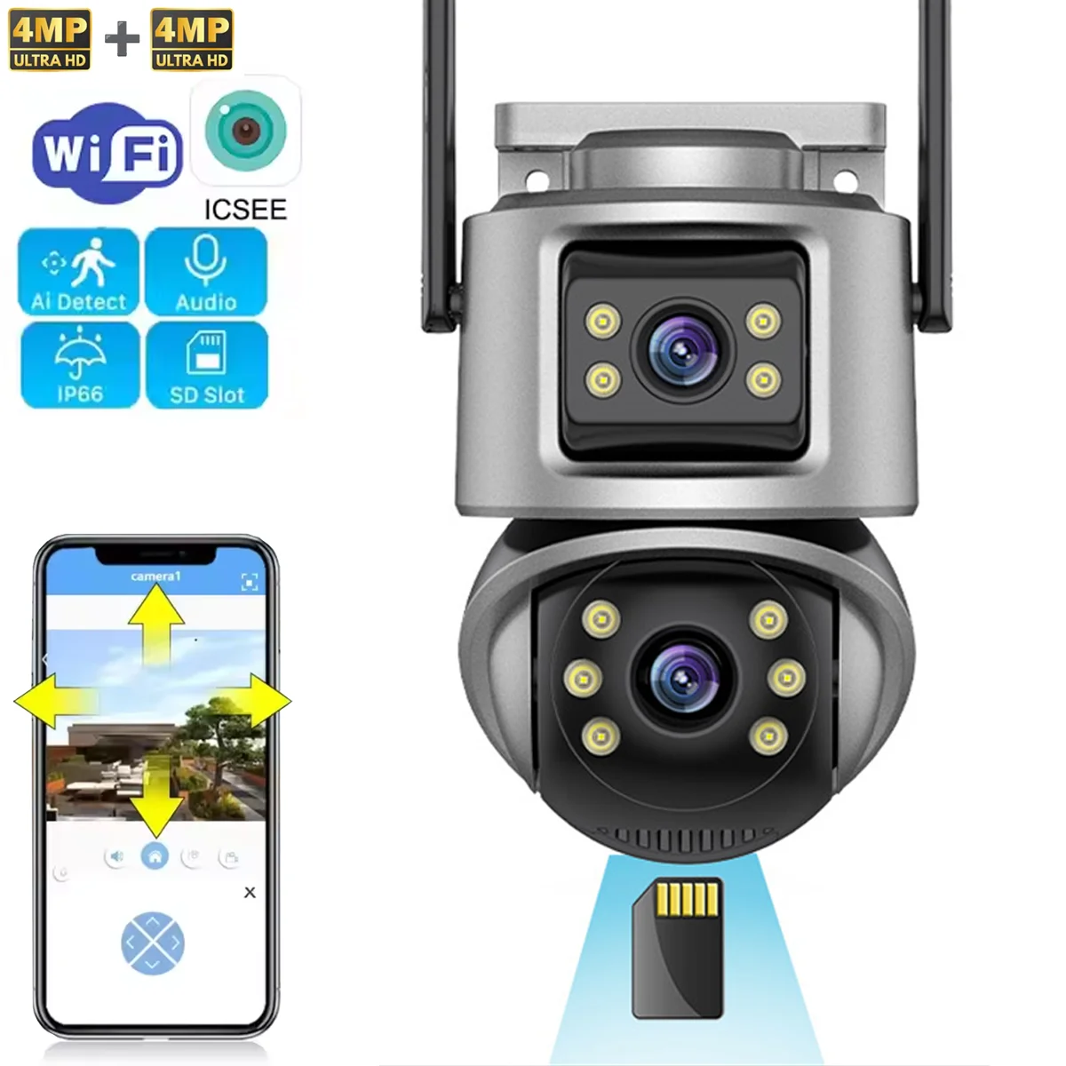 

Dual-Lens 8MP HD Camera: 4K Auto Tracking, 5X Zoom, WiFi/Bluetooth/RJ45, IP66 Waterproof, Two-Way Audio, Motion Alerts, ONVIF