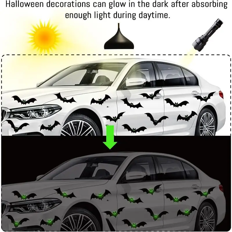 48pcs Halloween Luminous Bat Stickers with Green Eyes, Self-Adhesive Wall Decor for Windows, Doors, Garages, Parties, and Horror