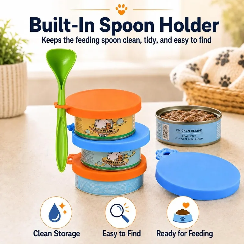 Dog Food Can Lids & Cat Food Can Lids 2 Pack, Silicone Pet Food Can Covers for Wet Food Storage, Fits 3oz/5.5oz/12oz Cans, Airtight & Reusable Universal Can Covers with Feeding Spoon (Blue & Orange)