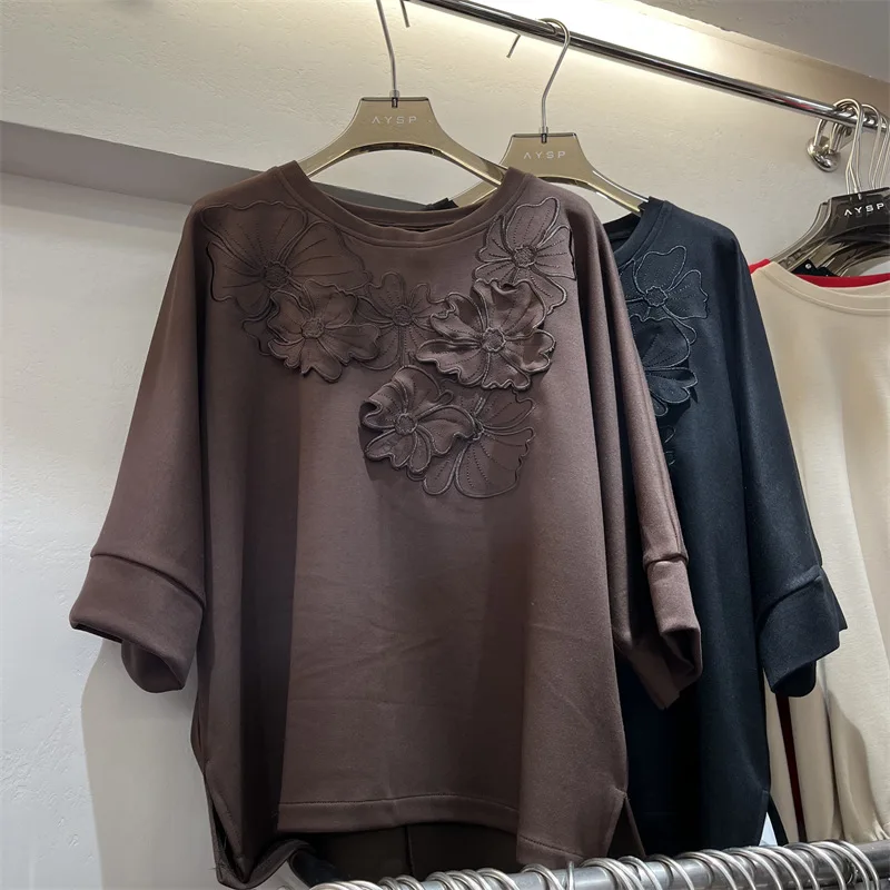 High-end Three-dimensional Flower White Short-sleeved T-shirt Women Summer 2025 New Y2k Versatile Youthful Beautiful Top Tshirts