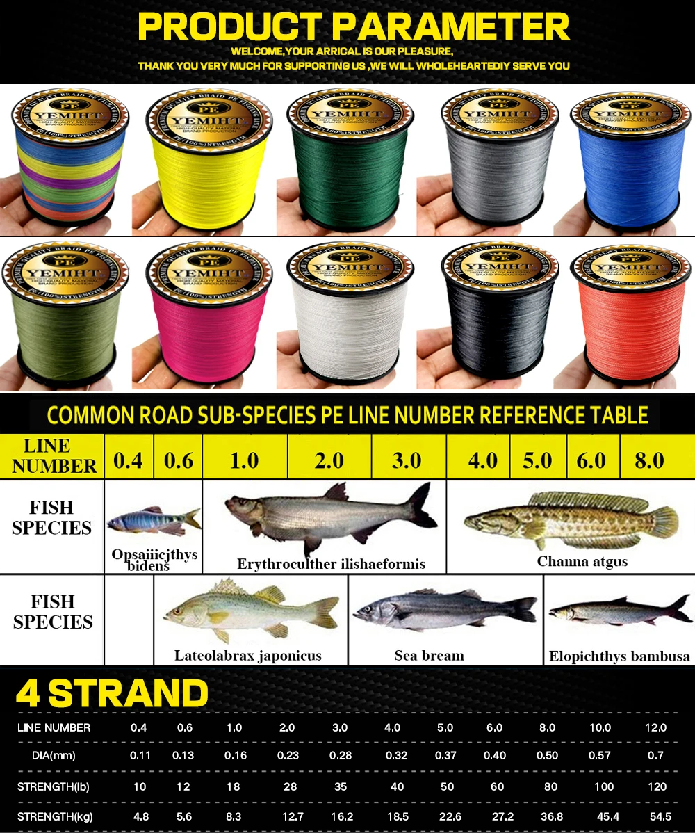 YEMIHT 4 Strands Braided Line 100M 300M 10-80LB PE Multifilament tresse peche 4 braid Line