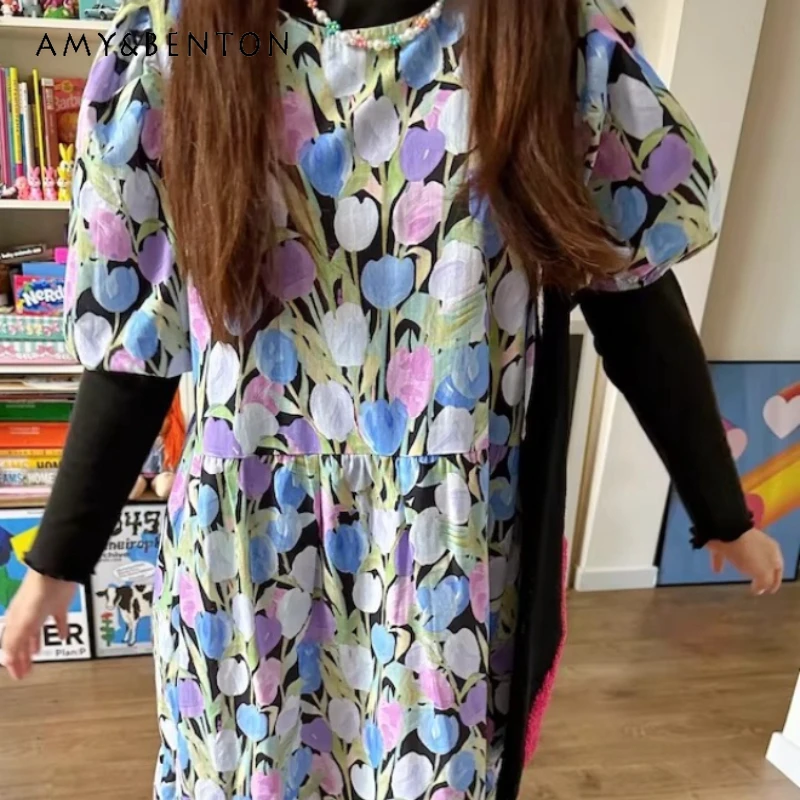 

Original Design Purple Flower Print Women's Dress 2026 Summer Romantic Loose Bubble Sleeve Y2k Versatile Retro Dresses Ladies