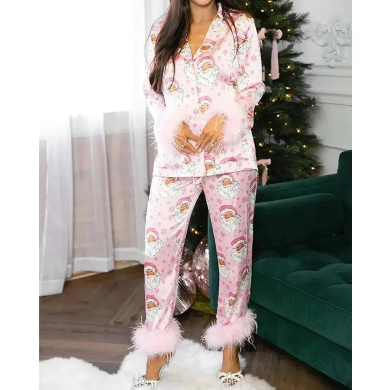 

Christmas Tree Pajama Set Women Autumn Winter Elderly Plaid Christmas Satin Print Home Sleepwear Adults Parent Child Set New