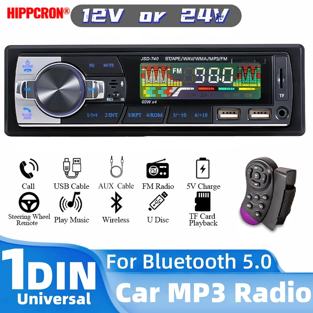 Hippcron Autoradio 1Din Stereo Multimedia MP3 Universal Player Digital Bluetooth FM Audio Musik USB mit AUX-Eingang im Armaturenbrett