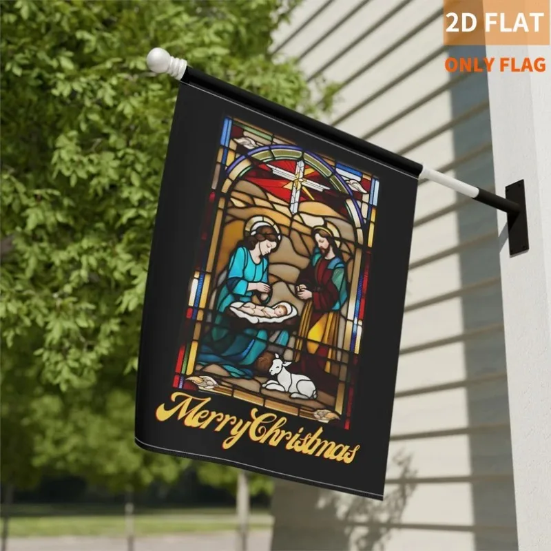 

Christmas Outdoor Garden Flag Stained Glass print design of Nativity House Banner Christmas gift ornamental decor Jesus birth