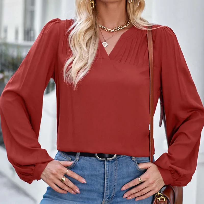 2024 Leisure V-neck Loose Solid Color Long Sleeved Top for Women Fashion Casual Blouses Elegant Office Lady Red Green White Tops