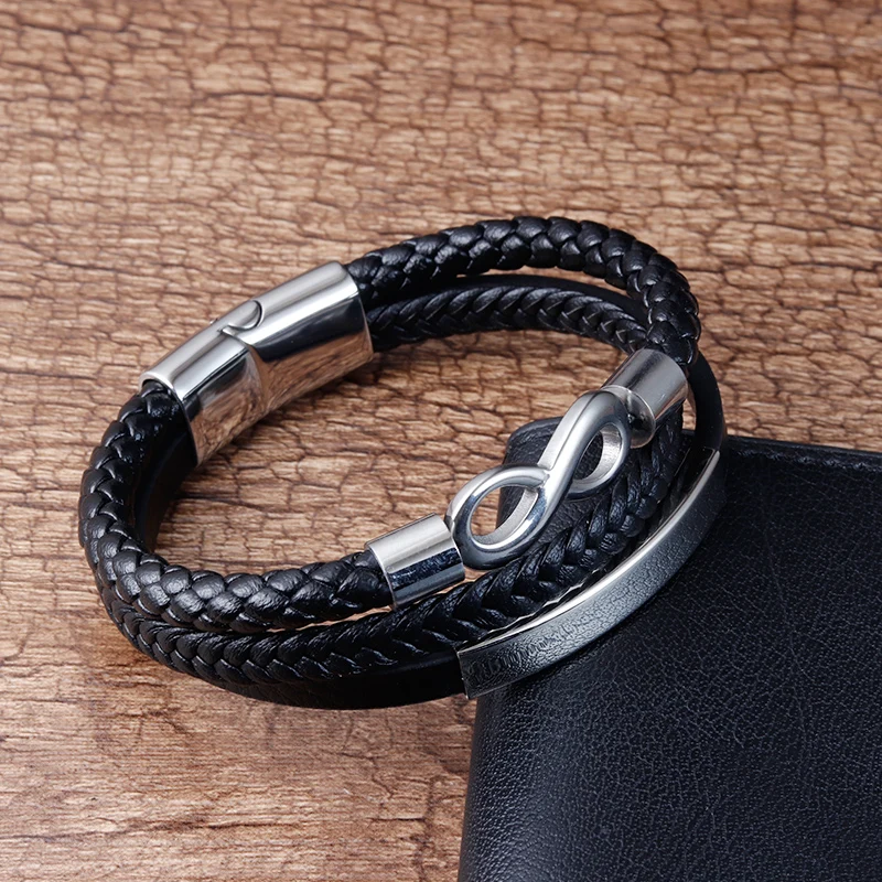 Stainless Steel Leather Bracelet Infinity Logo Special Popular Pattern Men\'s Bracelet DIY  Valentine\'s Day Handsome Gift