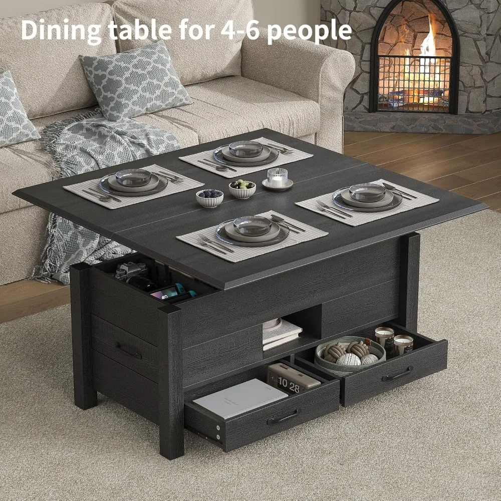 Multi-Function 39.4 Lift Top Coffee Table with 4 Storage Drawers, Hidden Compartment, Wood Center Tab, Versatile Space-Saving Fu