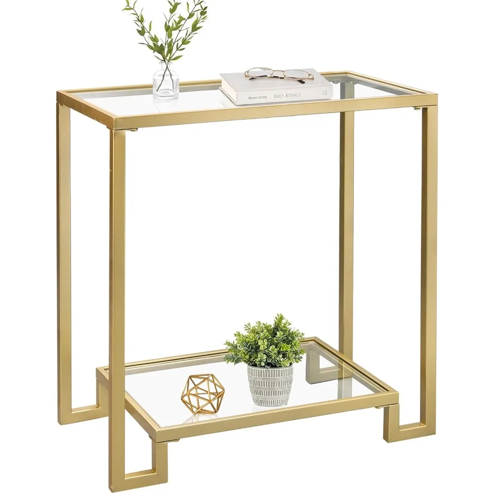 

2 tier rectangular side table, gold end table with glass top, modern metal clear coffee table，small accent table for living room