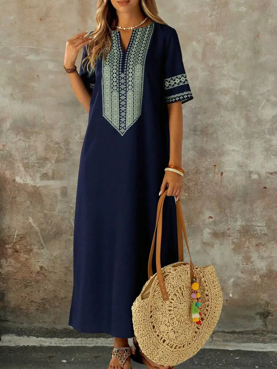 

Navy Blue Embroidered V-Neck Short Sleeve Loose Maxi Dress for Casual Holiday Wear
