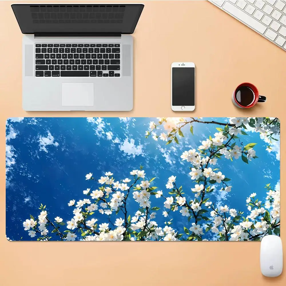 

Blue Sky And White Flowers Mouse Pad Desk Mouse Pad Cute HD Desk Pad Extended Gaming Keyboard Mats Large XXL Gamer Mousepad