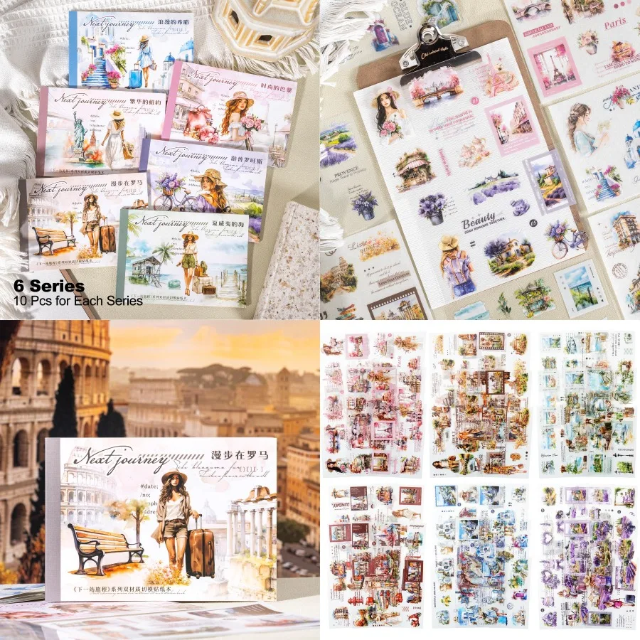 

Travel-Themed Vintage Ephemera Sticker Book Set with 60 Pre-Cut PET Washi Pages for Scrapbooking Journaling DIY Projects and Ar