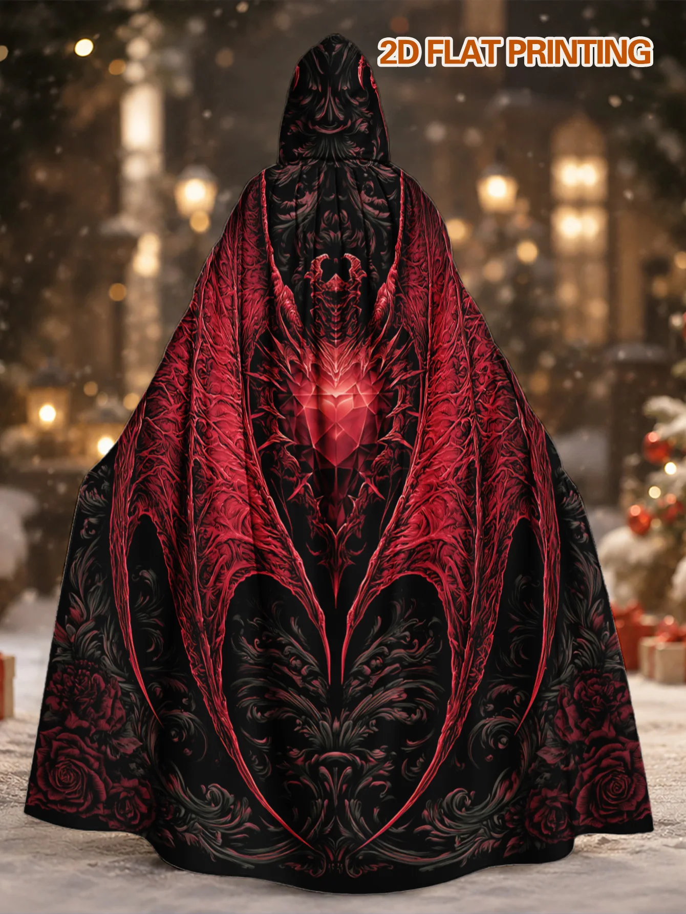 Customization 1pc, Mystical Halloween Witch Robe With Gothic Crimson Bat Wings Elements, Polyester Hooded Cape For Haunted House