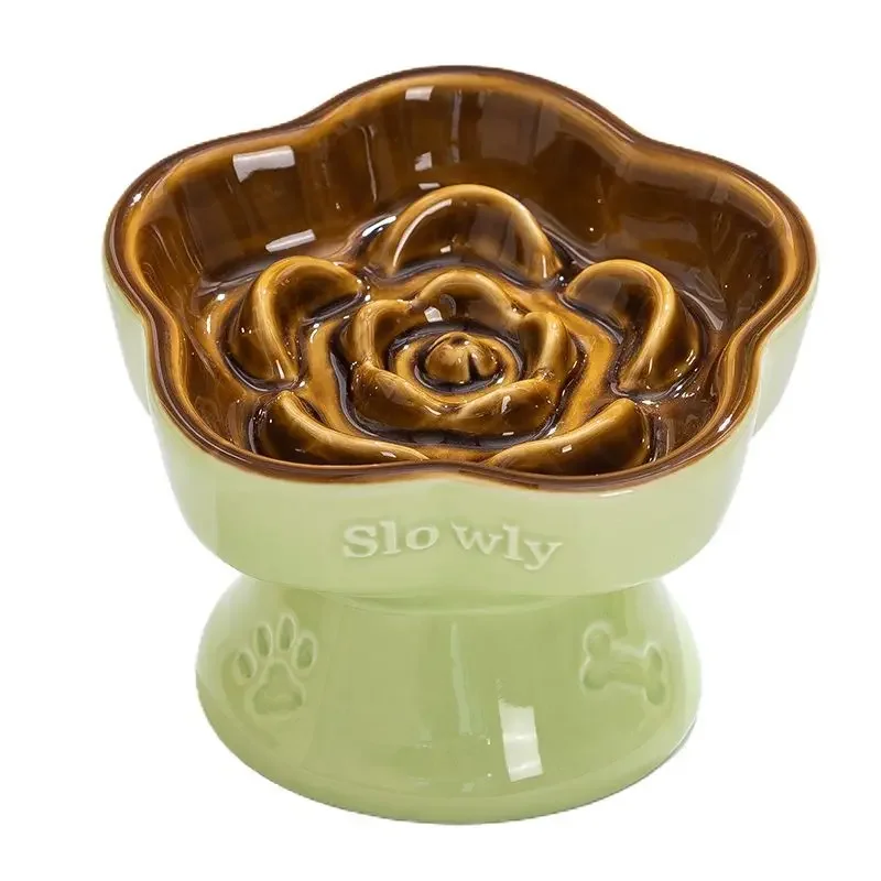 Pet Slow Feeding Ceramic Bowl High Foot Cat Dog Pet Drinking Eating Feeders Anti-choking Neck Protection Slanted Bowl