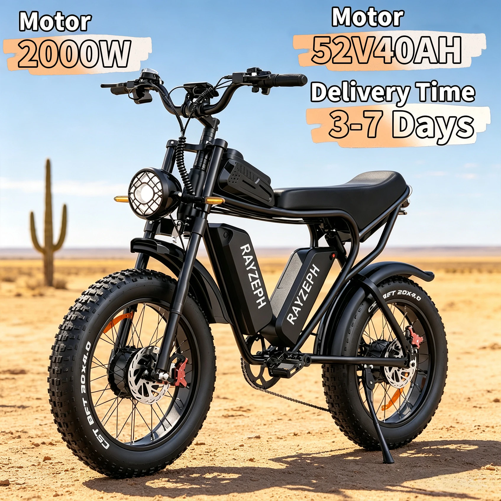 Disponibile in magazzino nell'UE: YVY/RAYZEPH C20MAX, bicicletta elettrica da 2000 W, con pneumatici larghi da 20 pollici, batteria rimovibile da 52 V e 40 Ah, cambio a 7 velocità, freni idraulici