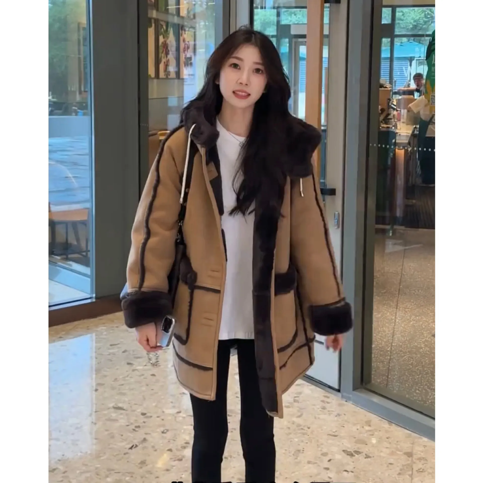 معاطف صوف نسائية مقسمة سترات مزج برباط جيب مع قلنسوة وأكمام طويلة واحدة الصدر سميكة غير رسمية لخريف وشتاء 2025 #3