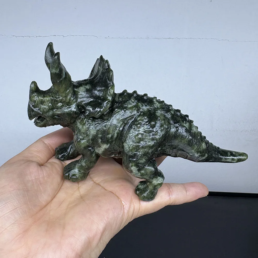 Custom Natural Xiuyan Jade Triceratops Figurine - 14.5cm Hand-Carved Gemstone Dinosaur Statue Healing Crystal Decor