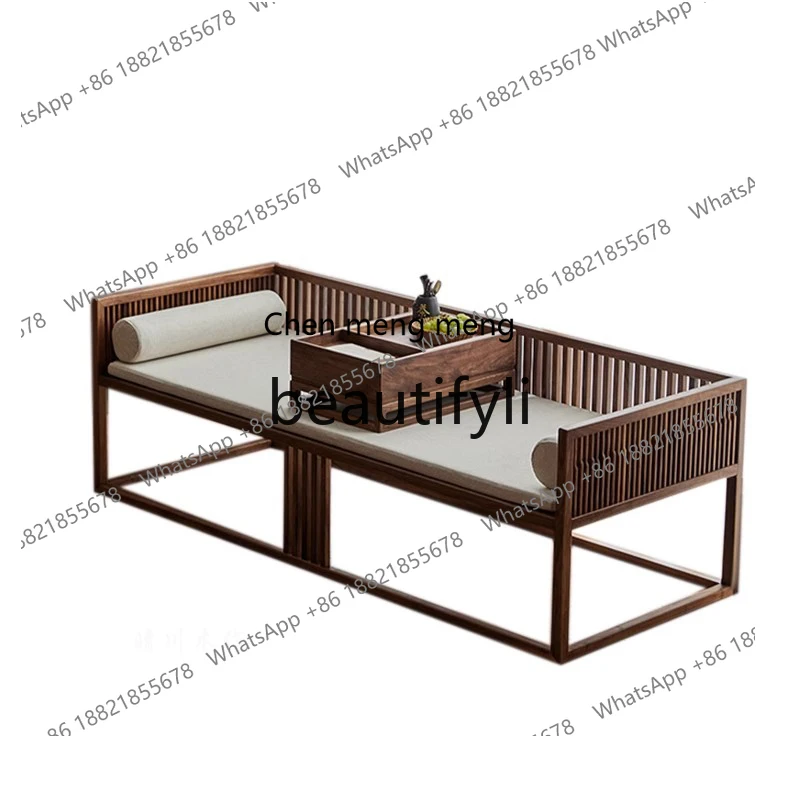

Q178 Black walnut Chinese Zen sofa combination Arhat couch living room solid wood bed modern simple black walnut bed