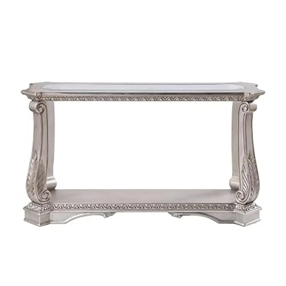 Wooden Sofa Table with Glass Top and Bottom Shelf Floral Legs Beveled Glass Silver and Clear 18