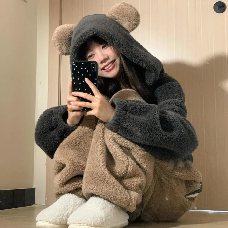 Women' Winter New Plush Thickened Plush Loungewear Nightgown Can Be Worn Outside Cute Bear Hooded Coral Fleece One-piece Pajamas