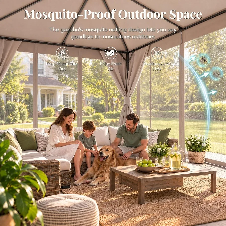 10x10 Gazebo Canopy with Netting, Curtains and Double Roof