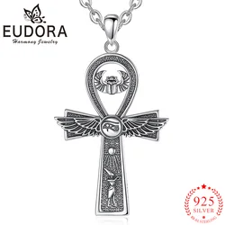 Eudora Real 925 Sterling Silver Ankh Cross Symbol Necklace Eagle Wings Egyptian Amulet Pendant Fine Jewelry Gift for Men Women