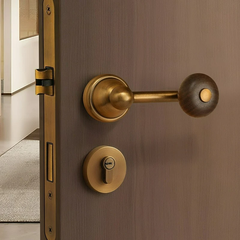 Middle Ancient Style Bedroom Door Handle Solid Wood Walnut Ball Lock Household Magnetic/silent Split Lock