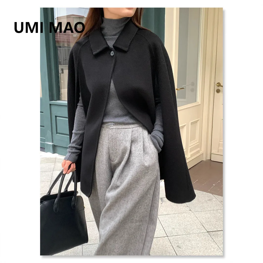 

UMI MAO Woolen Coat Women New Autumn Winter Elegant Korean Style Simple Cape Double-Sided Hand-Sewn Wool Jacket Femme