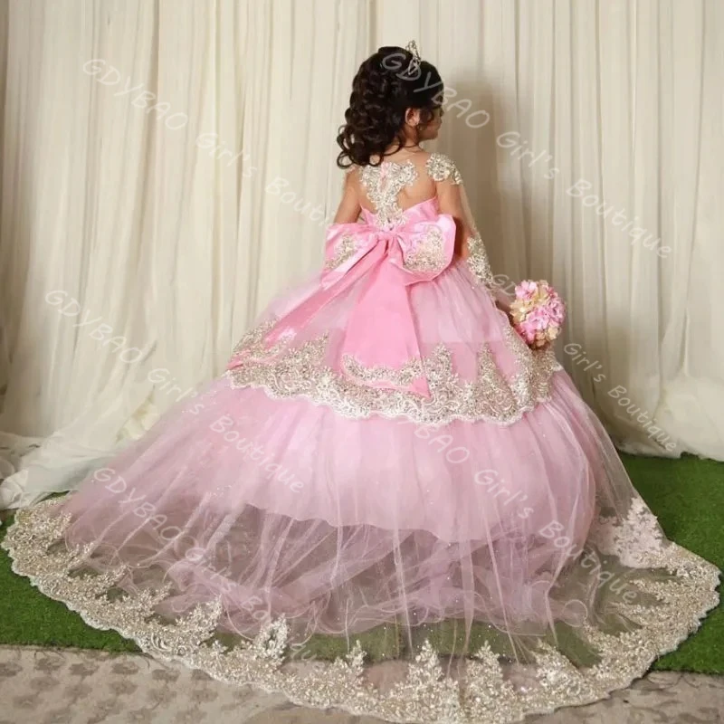 여자아이 공주 드레스, 트레인 레이스 아플리케 꽃무늬 드레스, 긴팔 티어드 튤 맞춤 웨딩 파티 볼 가운