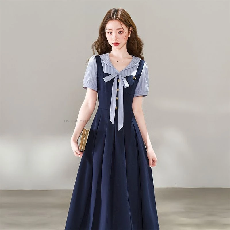 Korean Style College Style Sweet Fake Two Short Sleeved Striped Contrasting Dresses Waist Cinching Slimming Dress Jk Uniform