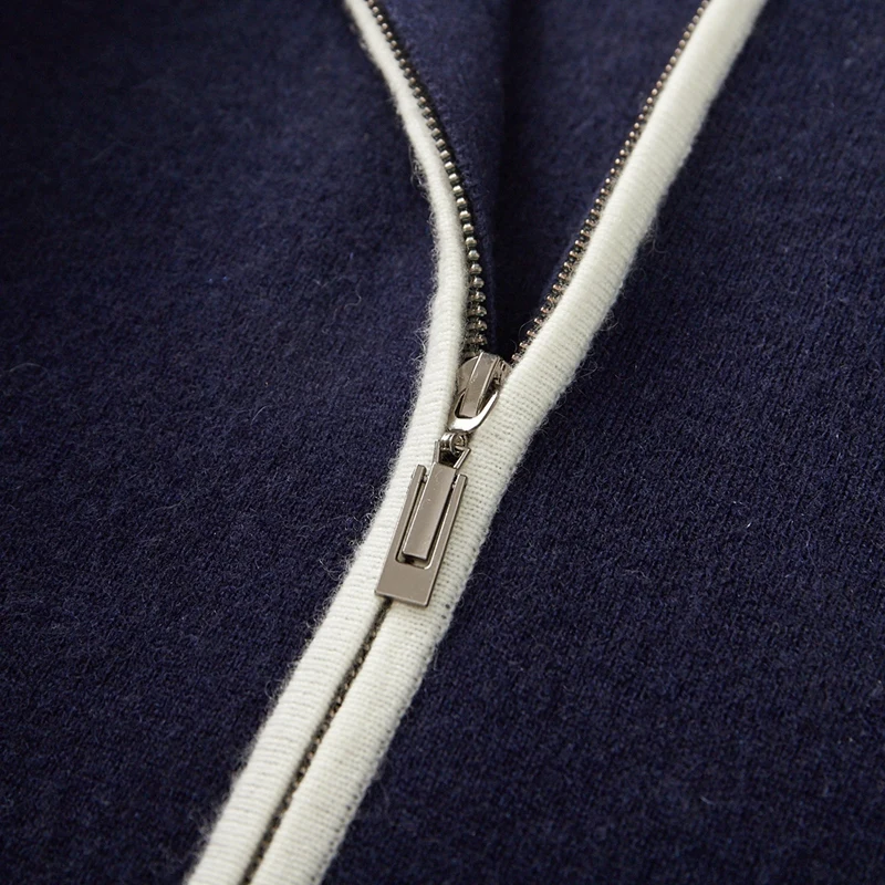 

Осень-зима, мужские шерстяные кардиганы на молнии, толстый свитер с длинными рукавами и воротником-поло, трикотаж из 100% мериносовой шерсти, пальто с цветными блоками