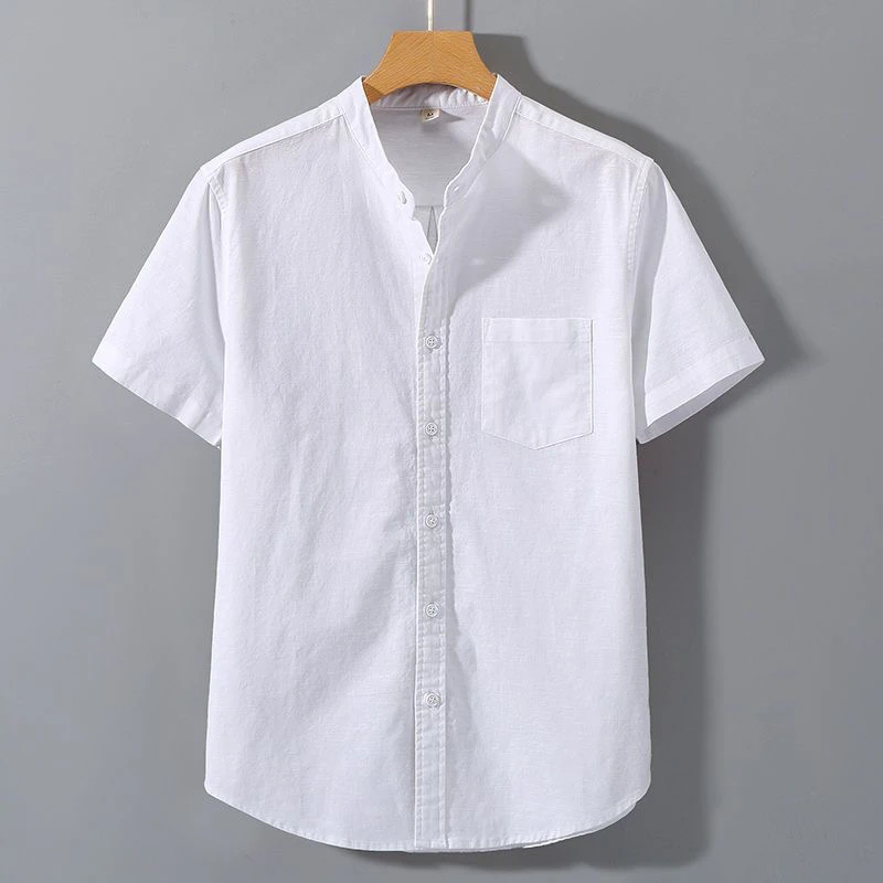 Casual Lightweight Summer Linen Shirt Men's Short Sleeve Cotton Linen Blend Fashionable Urban Style Soft Sheen Stand Collar O...
