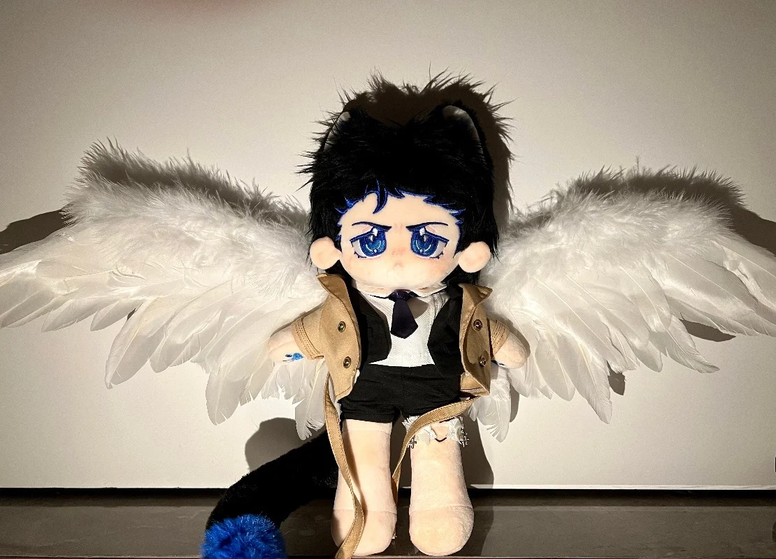 Muñeca de algodón de pierna larga hecha a mano Original de 20cm con alas de plumas blancas y negras, modelo de alas de Ángel, juguete, regalos de navidad