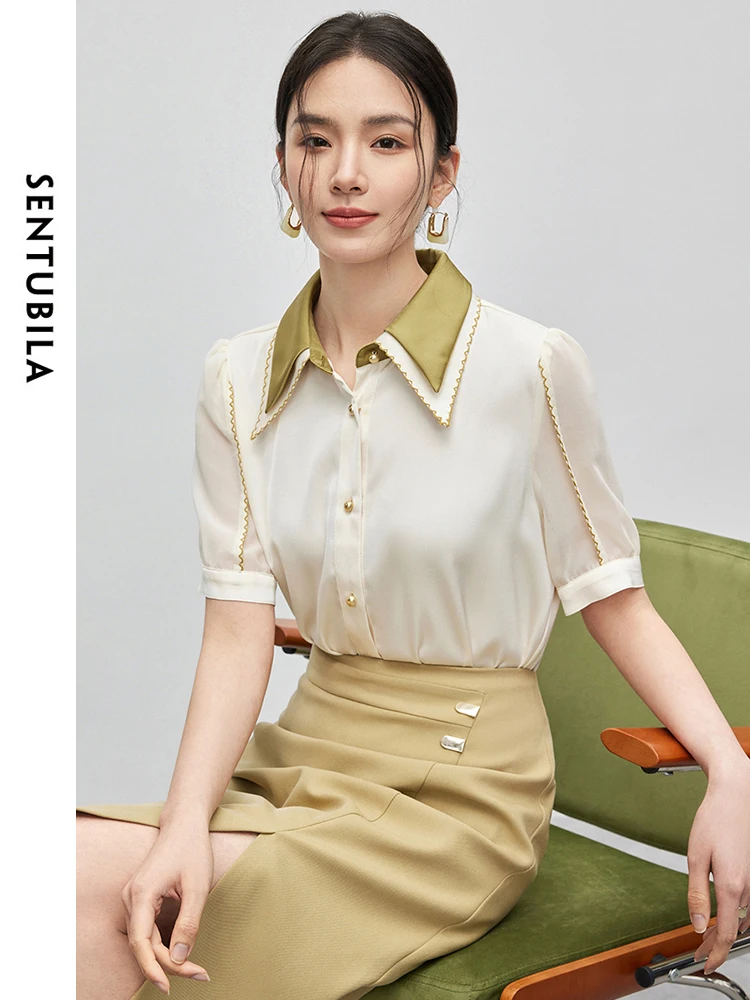 SENTUBILA Contrast Double Polo Collar Thin Shirt Woman 2024 Summer Simple Straight Button Up Short Sleeve Blouse Women 142C54838