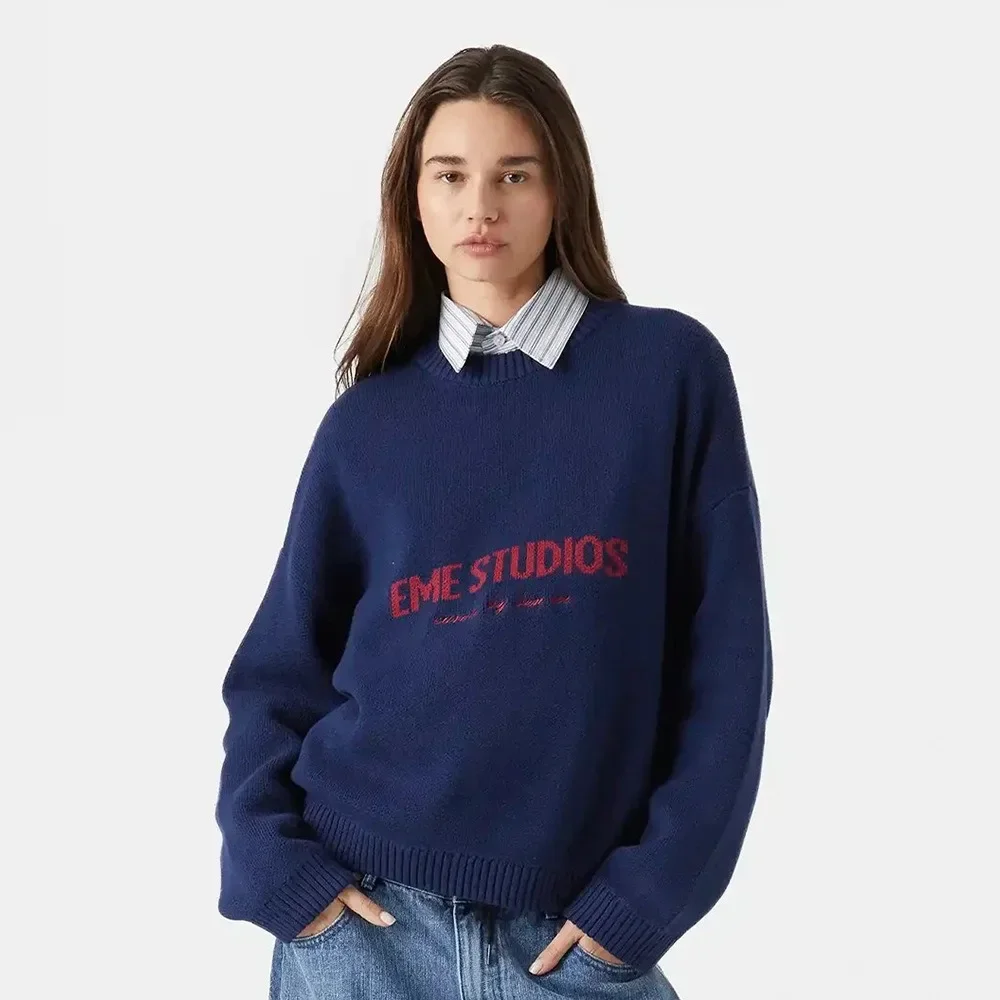 

Autumn and Winter Women Letter Jacquard Knitted Sweater Lazy Style Letter Street Travel Campus Daily Office Thick Warm Sweater