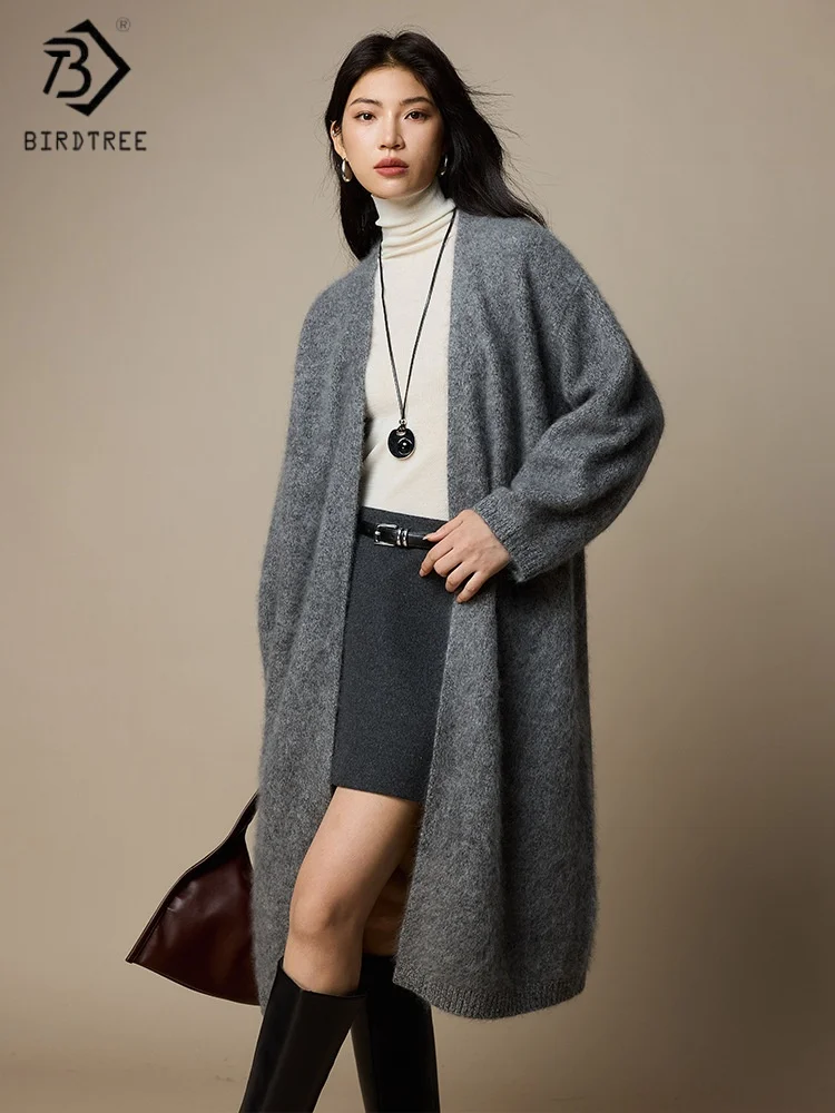 

Birdtree,100% Sheep Wool Knitted Long Cardigan,Woman Loose Solid Chic Tops,Full Sleeve Sweater,2025 Autumn Winter Coat T5N209JF