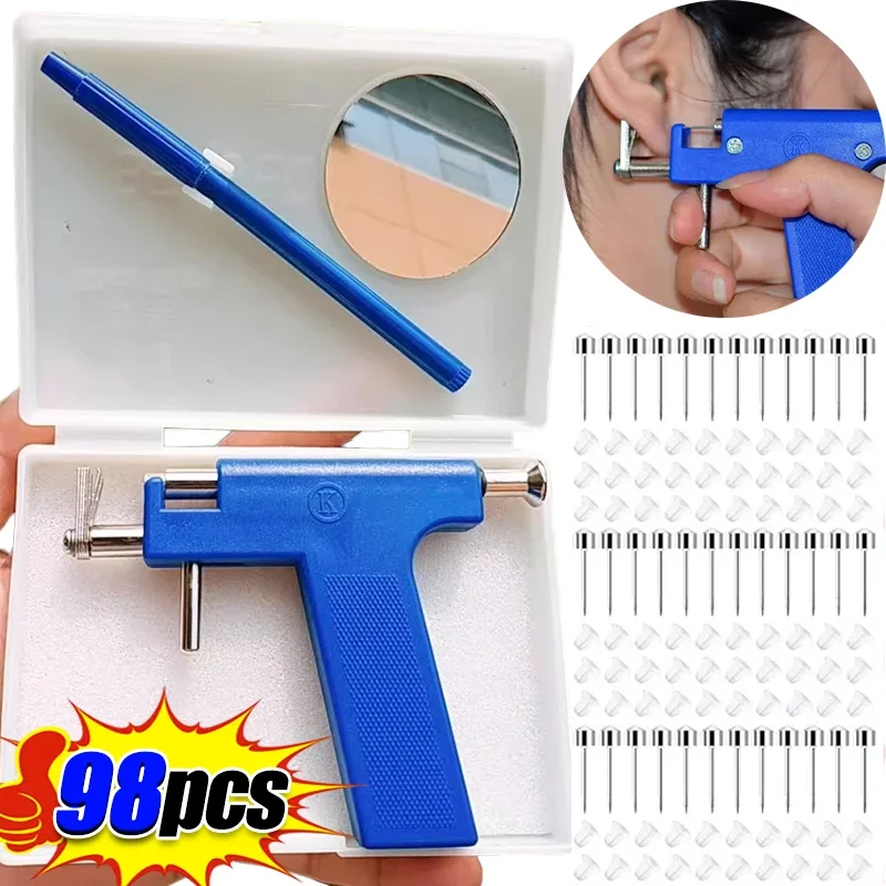 Sterile Ear Piercing Gun Set 98pcs Earrings Earplugs Earlobe Punching Machine Safty Nose Piercer Lips Tongue Perforation Tool