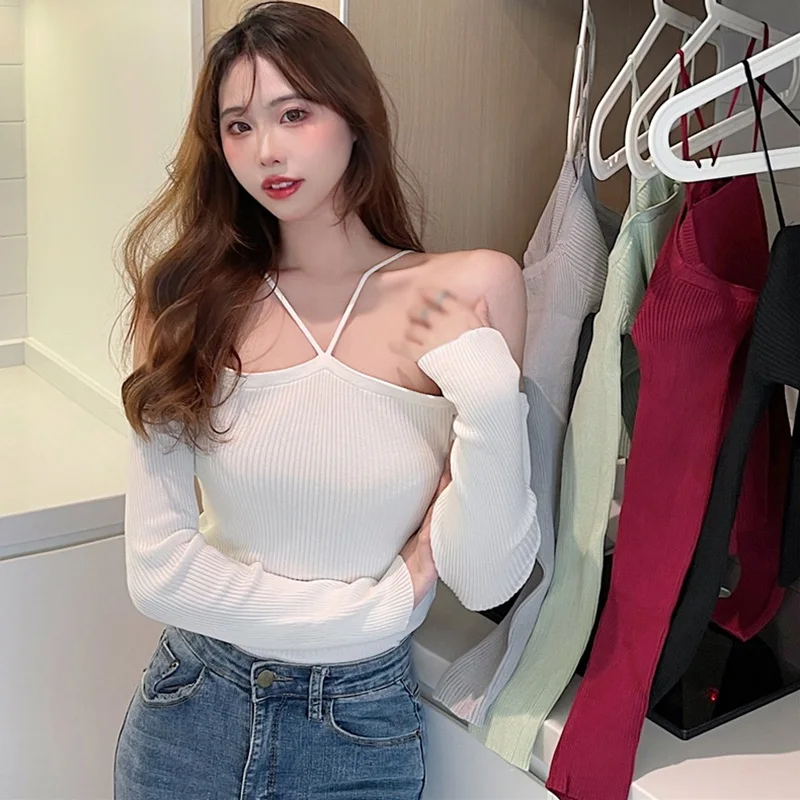 Women's Tops Korean Tops Slim Sexy Halter Off Shoulder Solid Color T-shirt