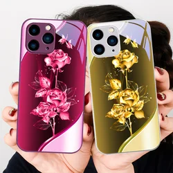 Dazzling Rose Brilliant Red Green For Iphone 15 14 13 12 11 Pro Max X XS XR 7 8 Plus 2020 2022 SE Tempered Glass Phone Case