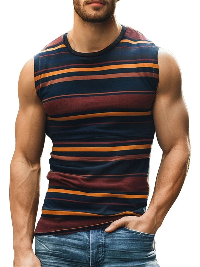 Simple Stripe 3D Printed Tank Tops For Men Fashion Summer Sleeveless Casual Sports Vest Retro Quick Dry Breathable Oversized Tee image 5