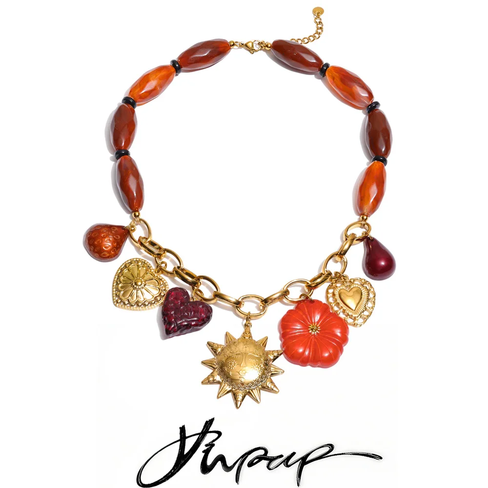 

Yhpup Trending Resin Chain Heart Flower Sun Pendant Charm Necklace for Women Creative Stainless Steel Collar Fashion Jewelry